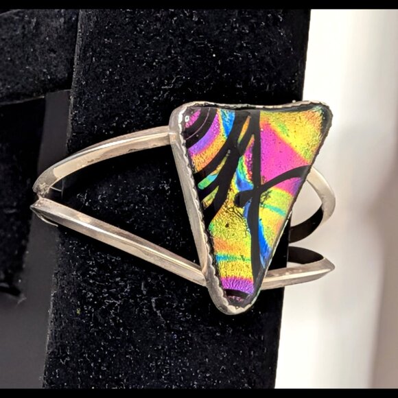 Very Large MODERN ART Rainbow Dichroic Glass 925 Sterling Silver Bracelet - Picture 2 of 6